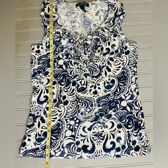 Lauren Ralph Lauren Blue Floral Ruffle Neck Cotton Sleeveless Top Womens Medium - Picture 12 of 12